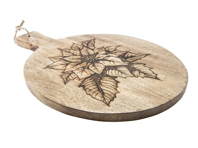 16" MANGO WOOD ROUND ETCHED CHEESE BOARD (POINSETTIA)